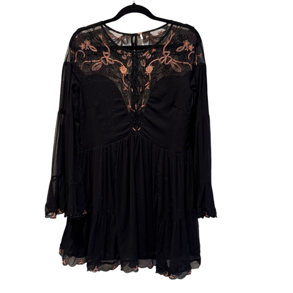 Free‎ People Floral Embellished Metallic Shimmer Lace Dress Black Size Small